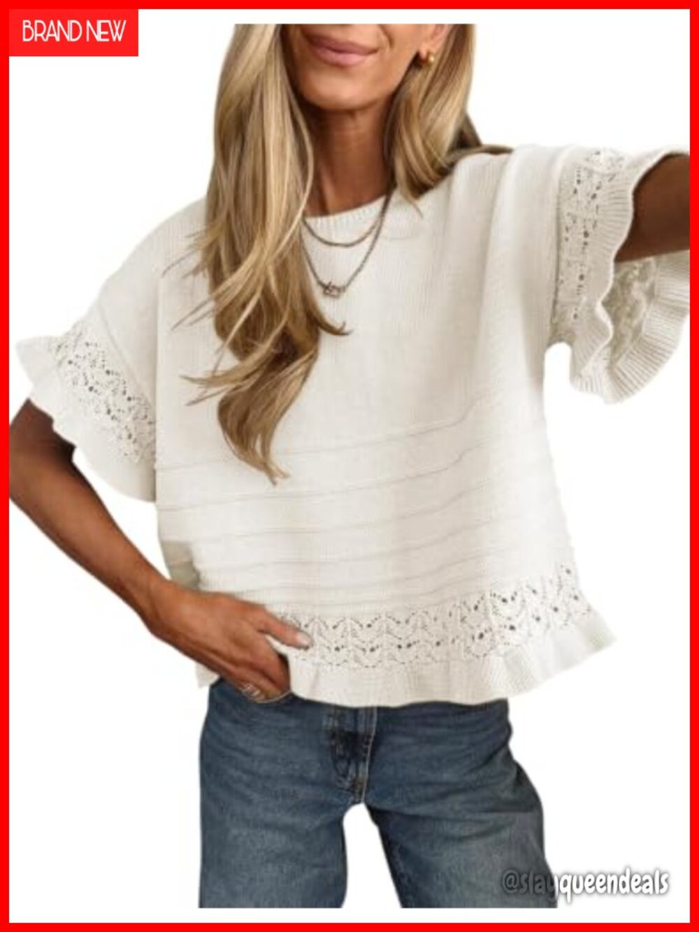 Womens Short Sleeve Knit Sweater Ruffled Hem Pullover Crochet Top